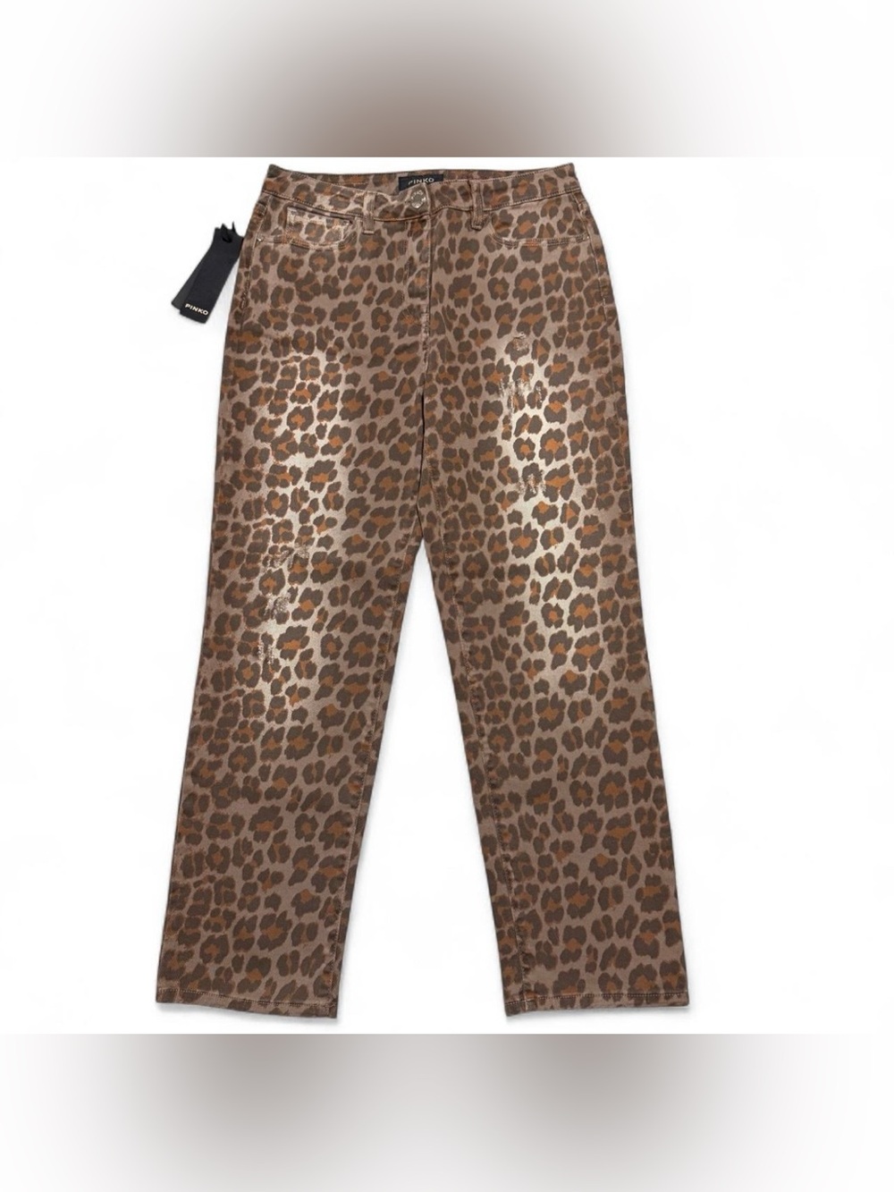 PINKO Sandy Leopard Print Distressed Straight Leg Jeans Size 29 Brown NEW